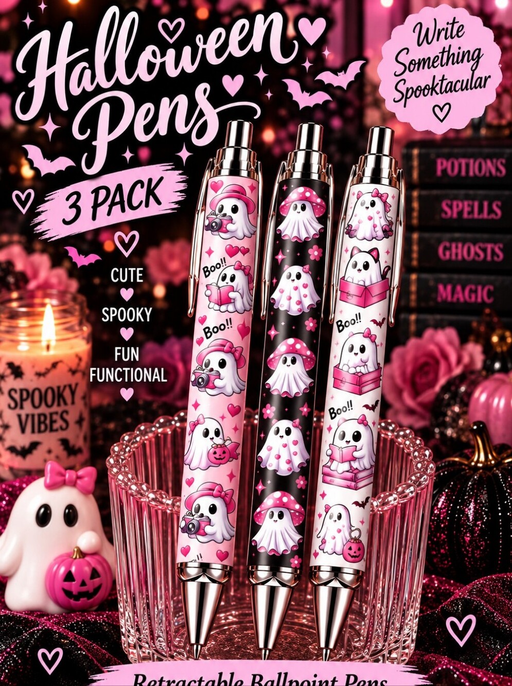 Halloween Ghosts 3-Pack Ballpoint Pens - Pink & Black